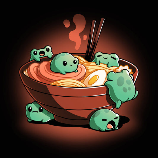 Premium Cotton T-shirt_TeeTurtle black Froggy Ramen apparel featuring a group of round green frogs in various playful poses around a steaming bowl of ramen.