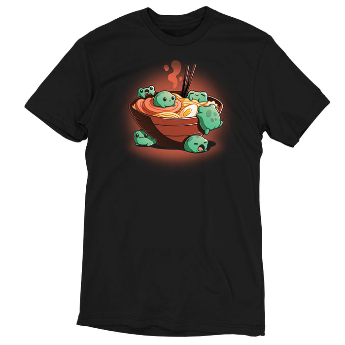 Premium Cotton T-shirt_TeeTurtle black Froggy Ramen apparel featuring a group of round green frogs in various playful poses around a steaming bowl of ramen.
