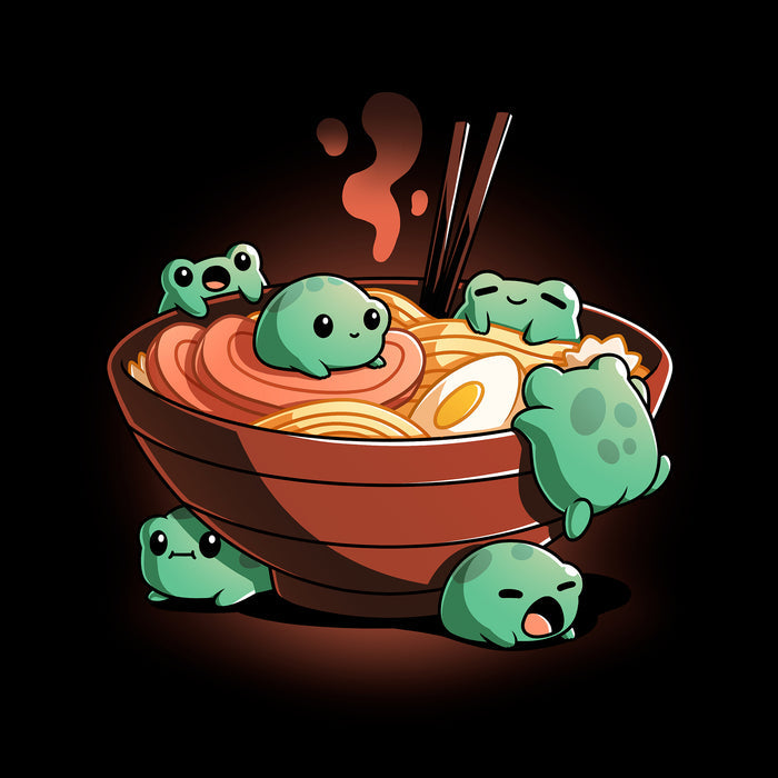 Classic Cotton T-shirt_TeeTurtle black Froggy Ramen apparel featuring a group of round green frogs in various playful poses around a steaming bowl of ramen.