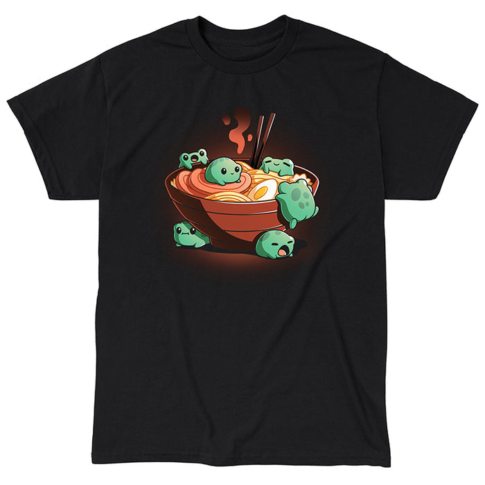 Classic Cotton T-shirt_TeeTurtle black Froggy Ramen apparel featuring a group of round green frogs in various playful poses around a steaming bowl of ramen.