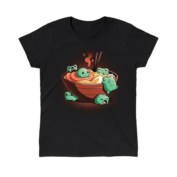 Classic Cotton T-shirt_TeeTurtle black Froggy Ramen apparel featuring a group of round green frogs in various playful poses around a steaming bowl of ramen.