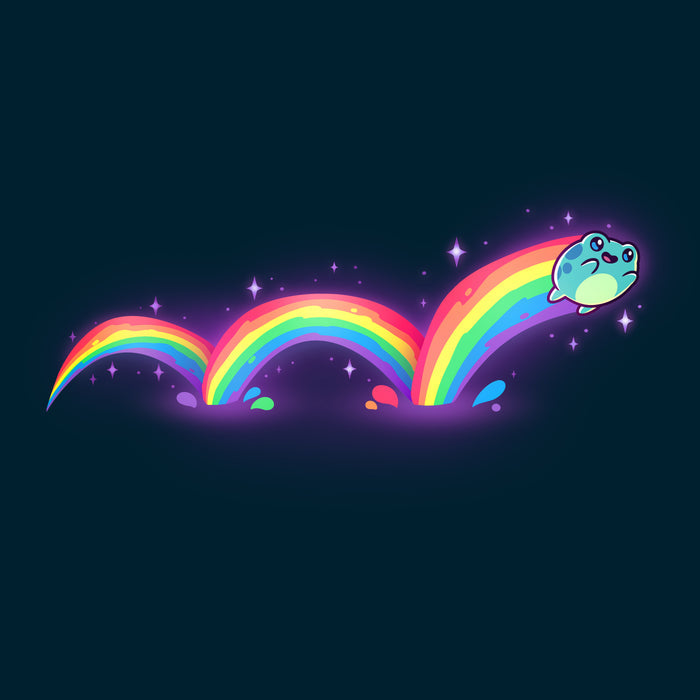 Premium Cotton T-shirt_TeeTurtle navy blue Frolicking Frog apparel featuring a hopping frog with a rainbow trailing behind it from its multiple jumps.