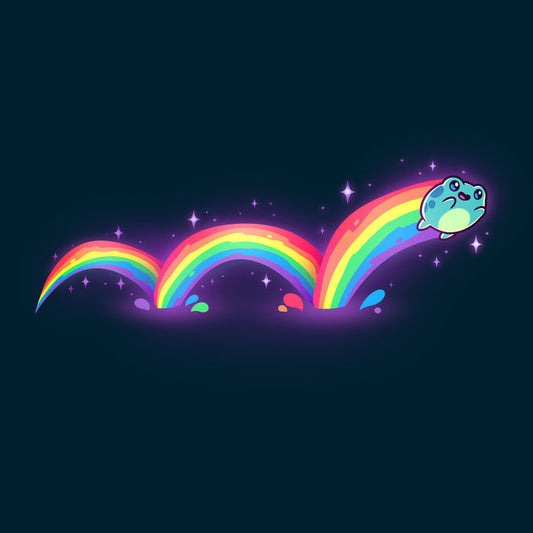 Premium Cotton T-shirt_TeeTurtle navy blue Frolicking Frog apparel featuring a hopping frog with a rainbow trailing behind it from its multiple jumps.