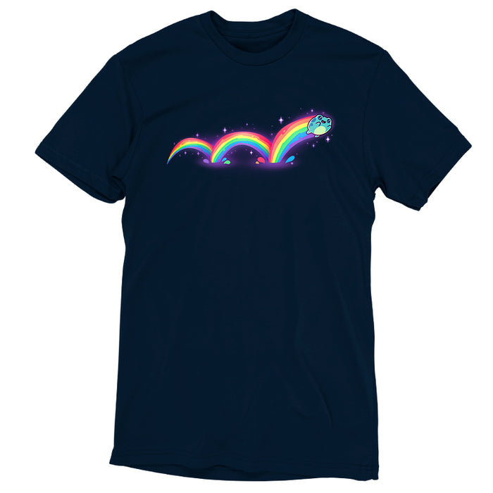 Premium Cotton T-shirt_TeeTurtle navy blue Frolicking Frog apparel featuring a hopping frog with a rainbow trailing behind it from its multiple jumps.