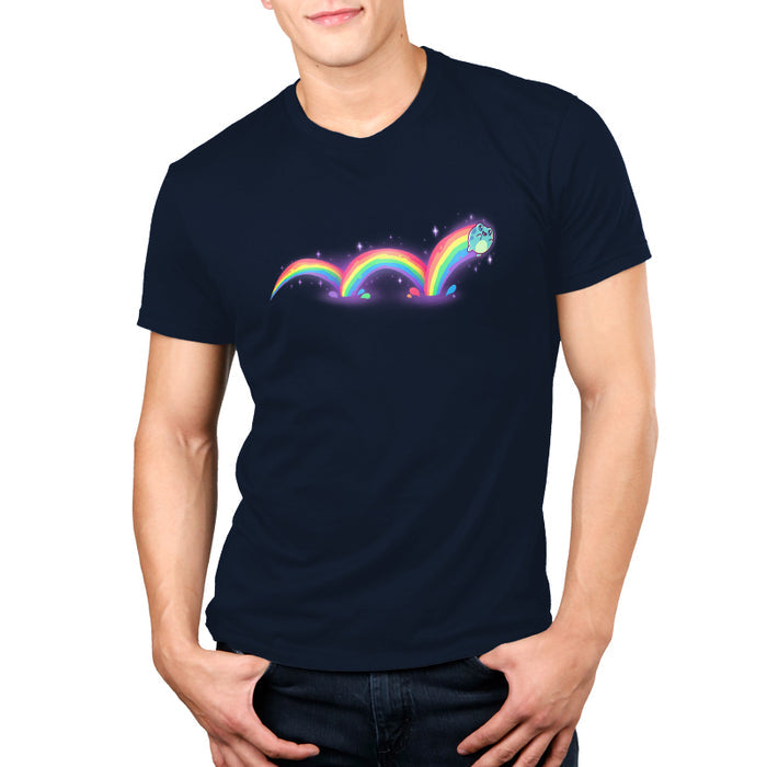 Premium Cotton T-shirt_TeeTurtle navy blue Frolicking Frog apparel featuring a hopping frog with a rainbow trailing behind it from its multiple jumps.