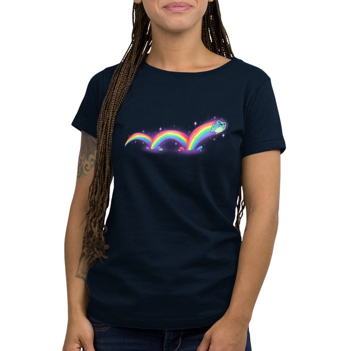 Premium Cotton T-shirt_TeeTurtle navy blue Frolicking Frog apparel featuring a hopping frog with a rainbow trailing behind it from its multiple jumps.