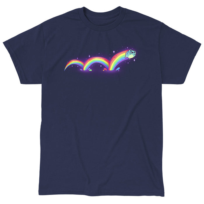 Classic Cotton T-shirt_TeeTurtle navy blue Frolicking Frog apparel featuring a hopping frog with a rainbow trailing behind it from its multiple jumps.