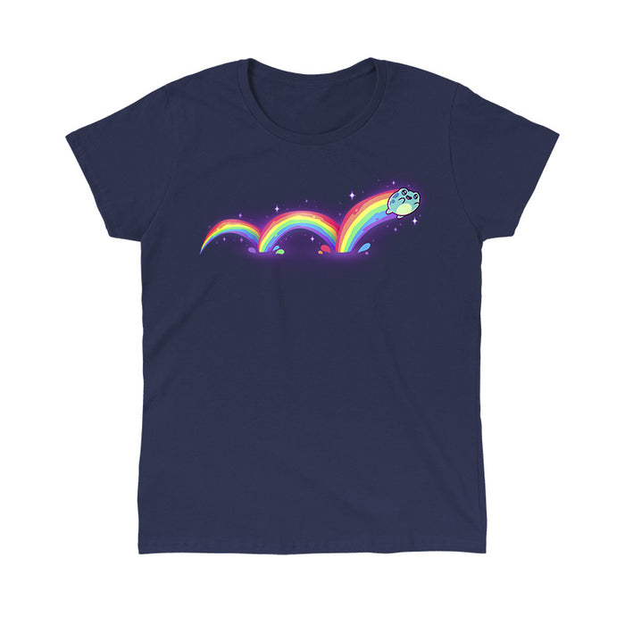 Classic Cotton T-shirt_TeeTurtle navy blue Frolicking Frog apparel featuring a hopping frog with a rainbow trailing behind it from its multiple jumps.