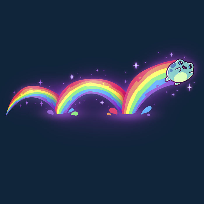 Long Sleeve T-shirt_TeeTurtle navy blue Frolicking Frog apparel featuring a hopping frog with a rainbow trailing behind it from its multiple jumps.