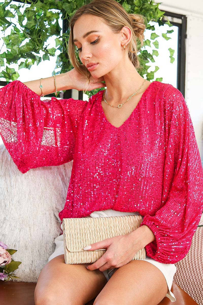 Style the Fuchsia V-Neck Balloon Sleeves Sequin Blouse Top exclusively at Born To Glam