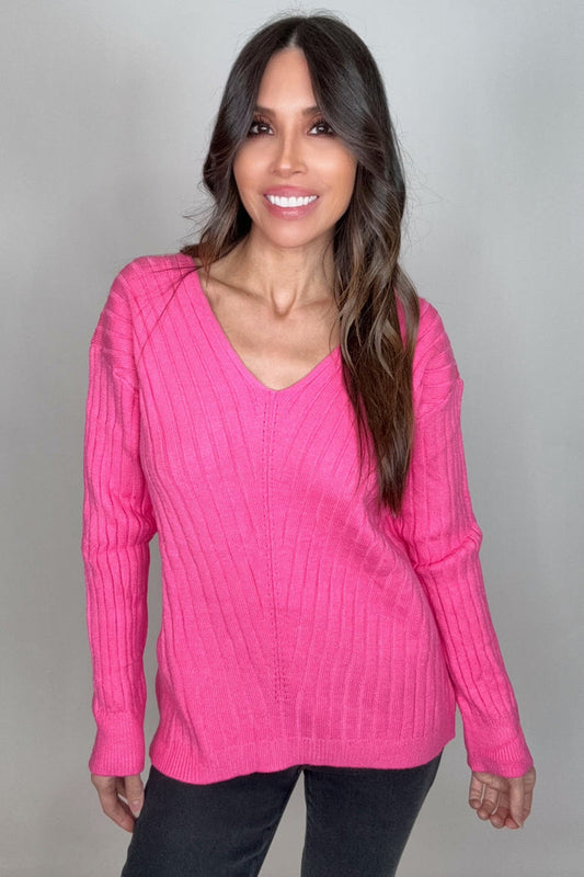 Style the Fuchsia V-Neck Drop Shoulder Ribbed Knitted Sweater exclusively at Born To Glam
