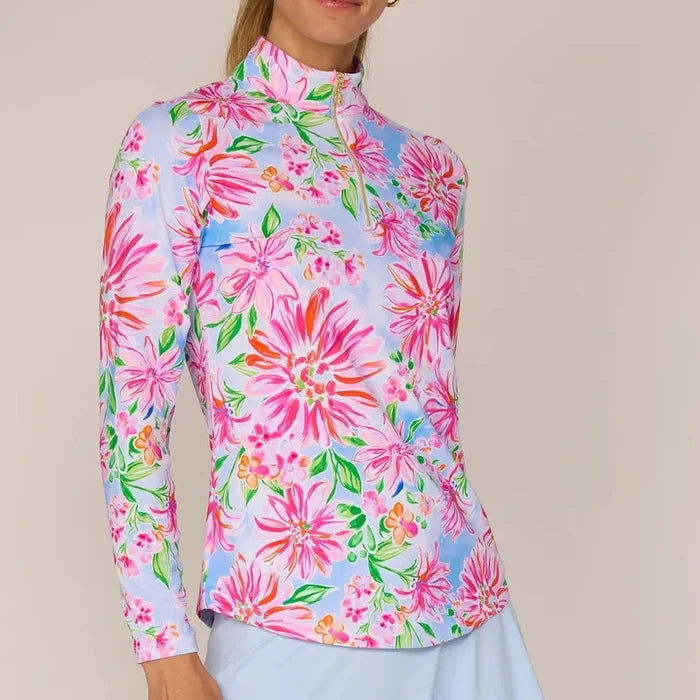 G Lifestyle L/S Zip Mock Neck Top - Pink Flower Garden