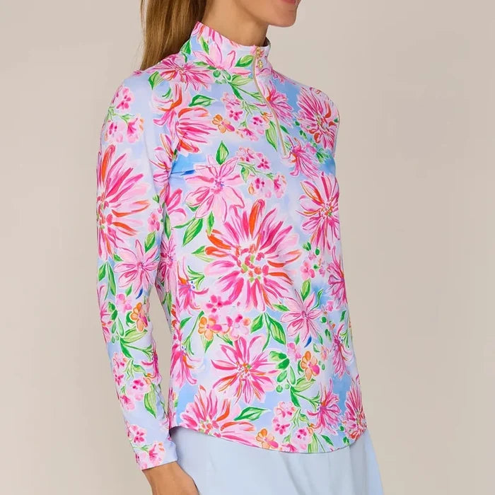 G Lifestyle L/S Zip Mock Neck Top - Pink Flower Garden