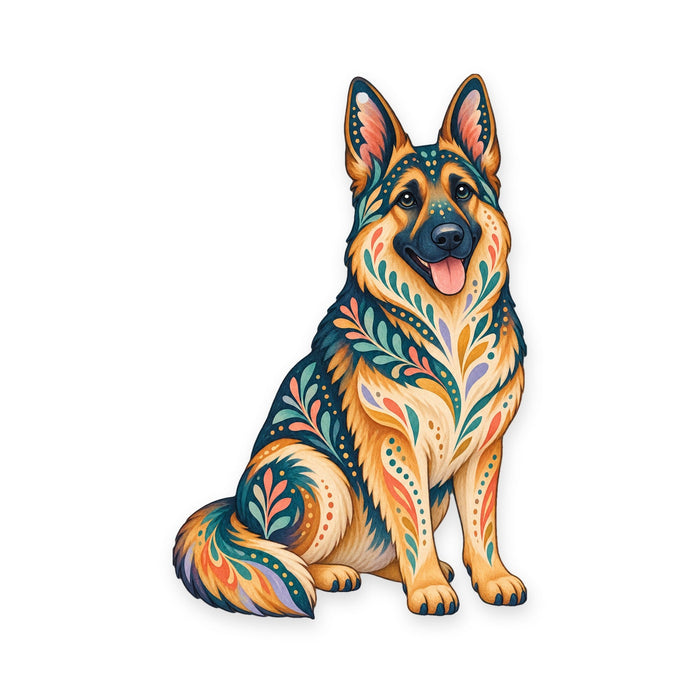 German Shepherd folk art ornament O447 on white, laser-cut maple wood, made in USA