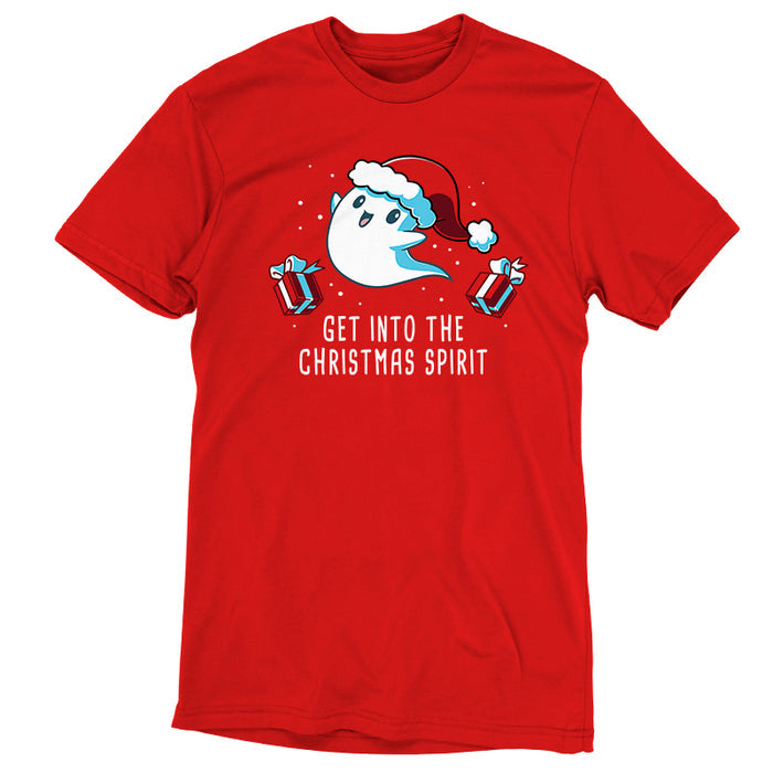 Premium Cotton T-shirt_TeeTurtle Get into the Christmas Spirit red apparel featuring a festive ghost in a Santa hat surrounded by presents.