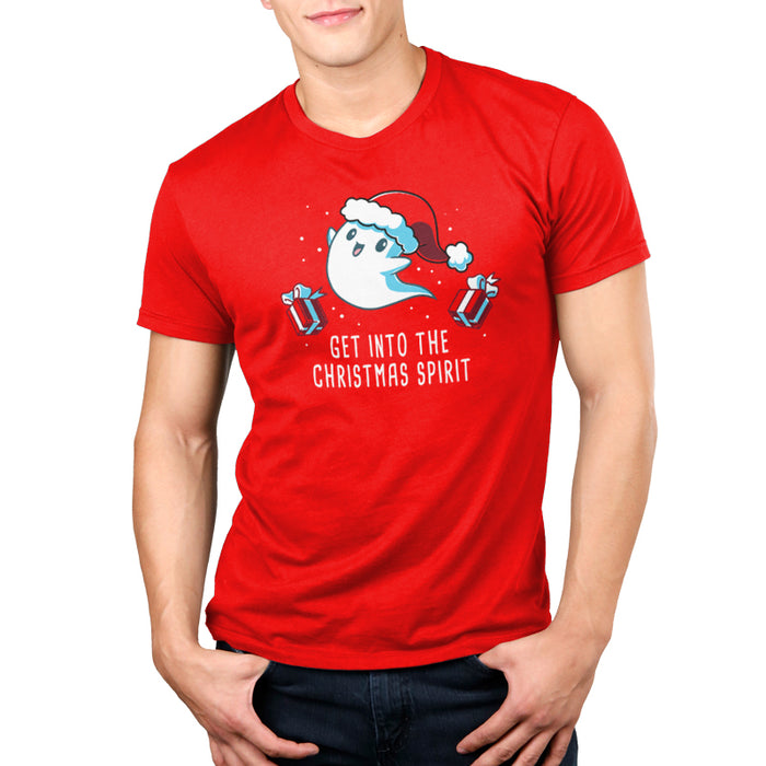 Premium Cotton T-shirt_TeeTurtle Get into the Christmas Spirit red apparel featuring a festive ghost in a Santa hat surrounded by presents.