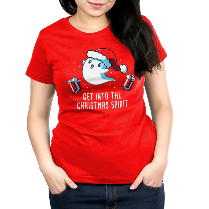 Premium Cotton T-shirt_TeeTurtle Get into the Christmas Spirit red apparel featuring a festive ghost in a Santa hat surrounded by presents.