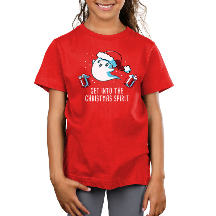 Premium Cotton T-shirt_TeeTurtle Get into the Christmas Spirit red apparel featuring a festive ghost in a Santa hat surrounded by presents.