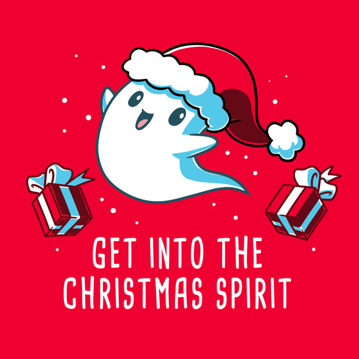 Classic Cotton T-shirt_TeeTurtle Get into the Christmas Spirit red apparel featuring a festive ghost in a Santa hat surrounded by presents.