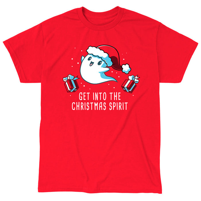 Classic Cotton T-shirt_TeeTurtle Get into the Christmas Spirit red apparel featuring a festive ghost in a Santa hat surrounded by presents.