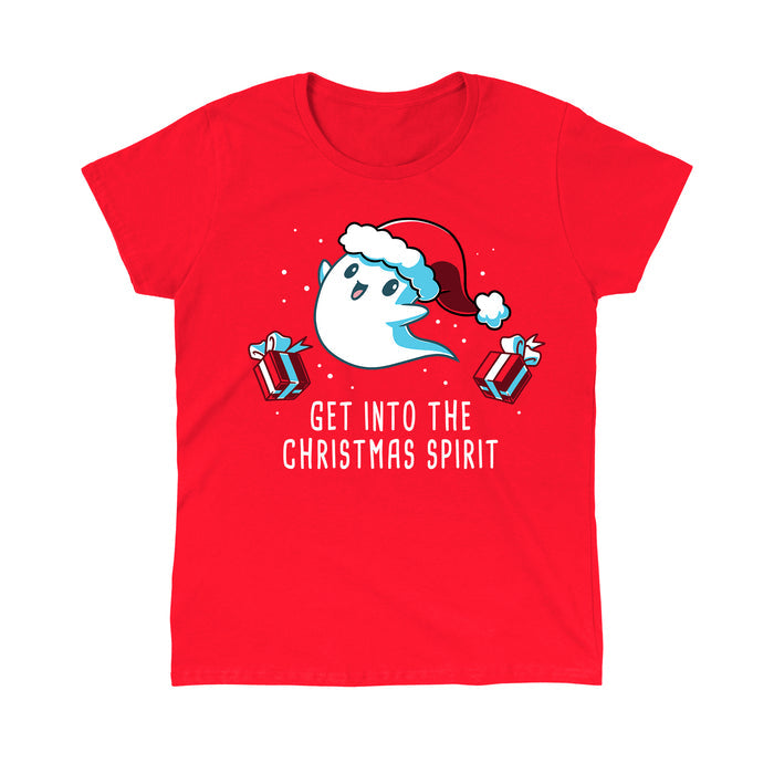 Classic Cotton T-shirt_TeeTurtle Get into the Christmas Spirit red apparel featuring a festive ghost in a Santa hat surrounded by presents.