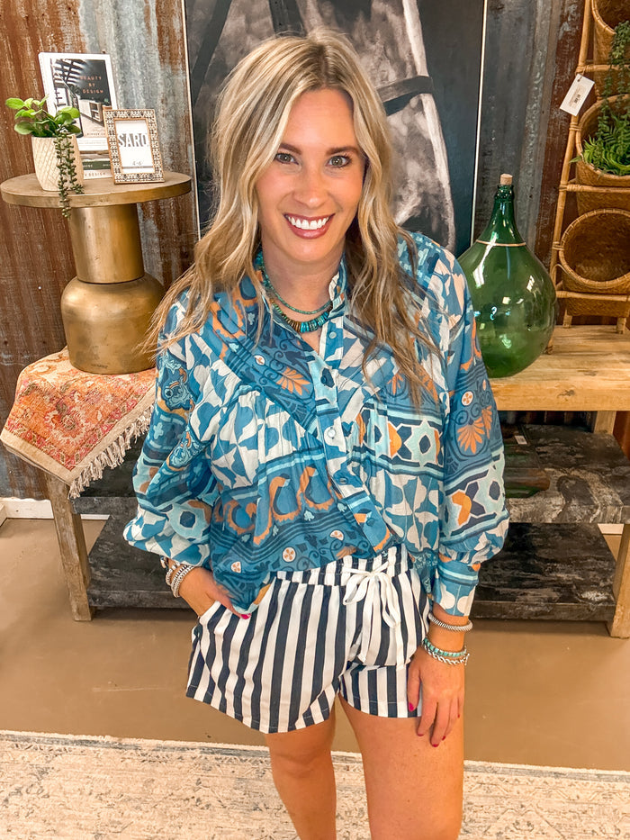 GIGI GEO PRINT BLOUSE, COBALT WAVE