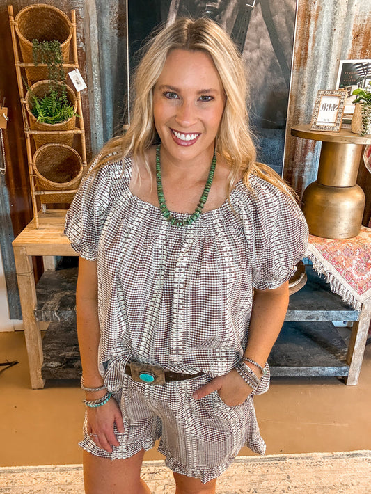 GINGHAM TUNIC & SHORTS SET, MOCHA