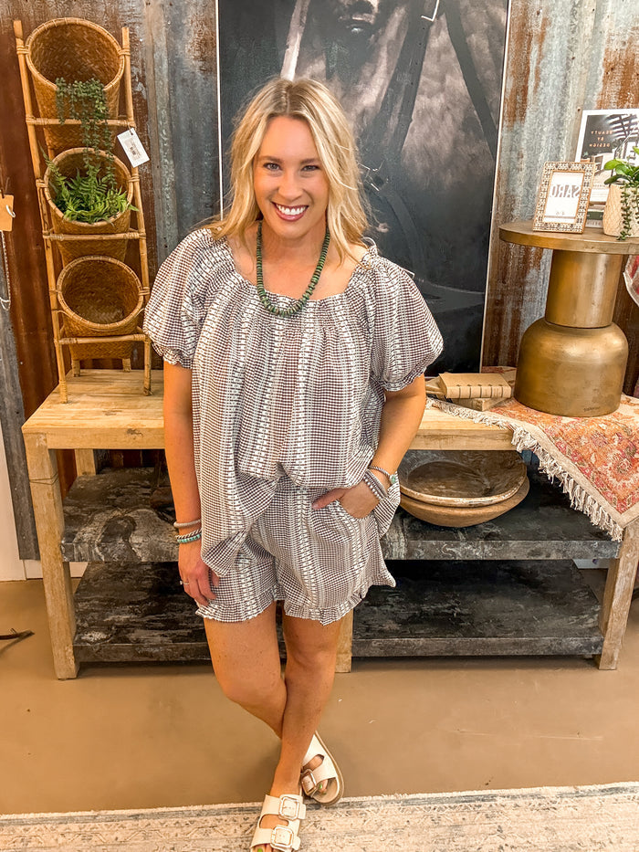 GINGHAM TUNIC & SHORTS SET, MOCHA