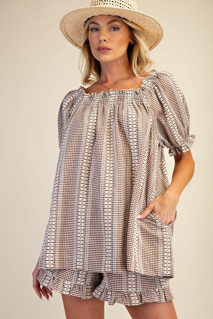 GINGHAM TUNIC & SHORTS SET, MOCHA