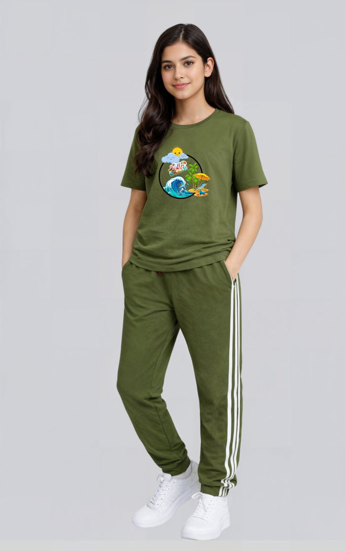 Girls Beach Graphic Olive Green Shirt & Same Stripe Trouser - Hinz Clothing