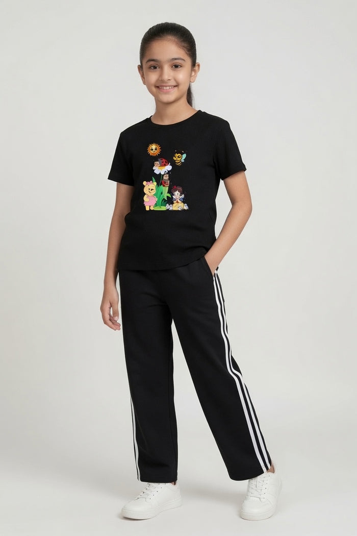 Girls Black Printed T-Shirt & Black Stripe Trouser Set (Cartoon)