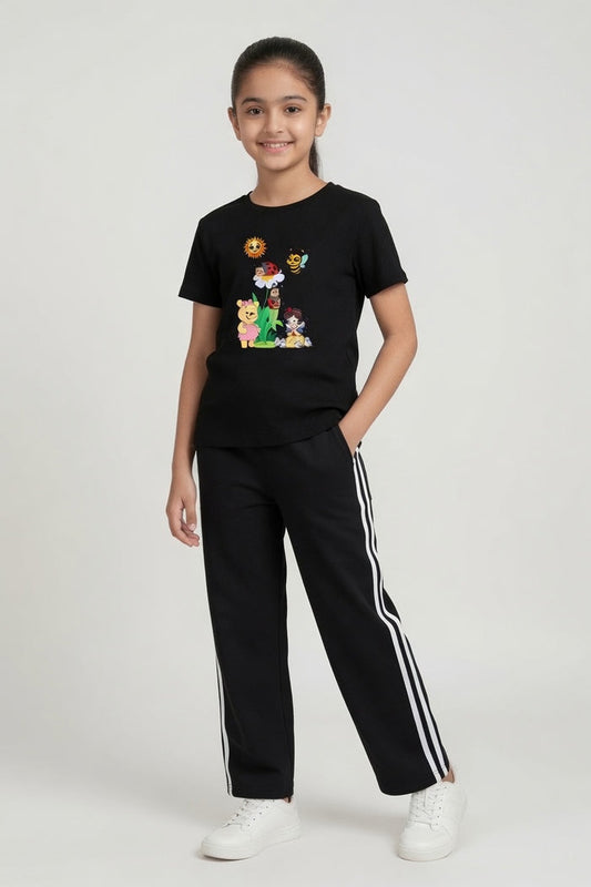 Girls Black Printed T-Shirt & Black Stripe Trouser Set (Cartoon)