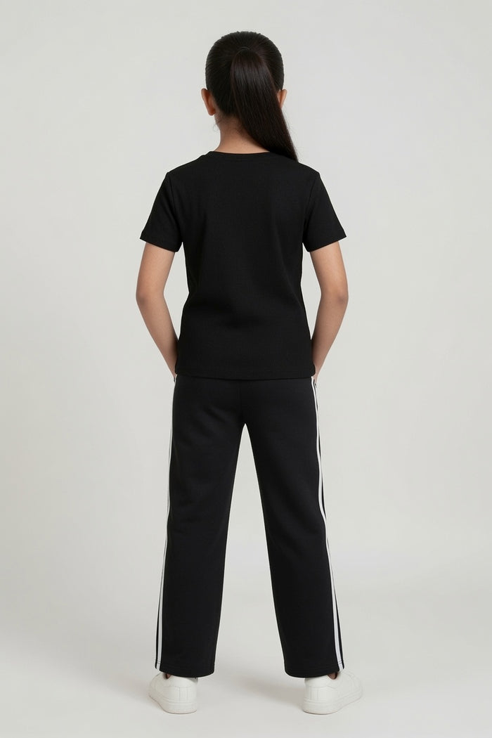 Girls Black Printed T-Shirt & Black Stripe Trouser Set (Cartoon)
