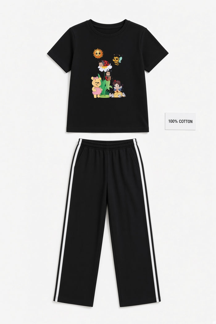 Girls Black Printed T-Shirt & Black Stripe Trouser Set (Cartoon)