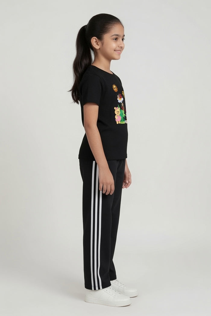 Girls Black Printed T-Shirt & Black Stripe Trouser Set (Cartoon)