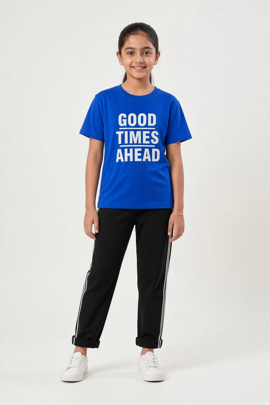 Girls Blue Printed T-Shirt & Black Striped Trouser Set (GTA)