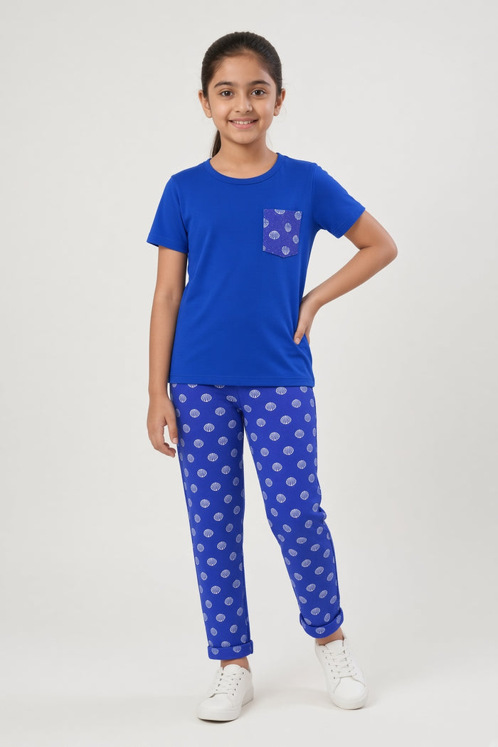 Girls Blue Printed T-Shirt & Blue Printed Trouser Set (White Snow ) - Hinz Clothing