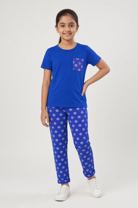 Girls Blue Printed T-Shirt & Blue Printed Trouser Set (White Snow ) - Hinz Clothing