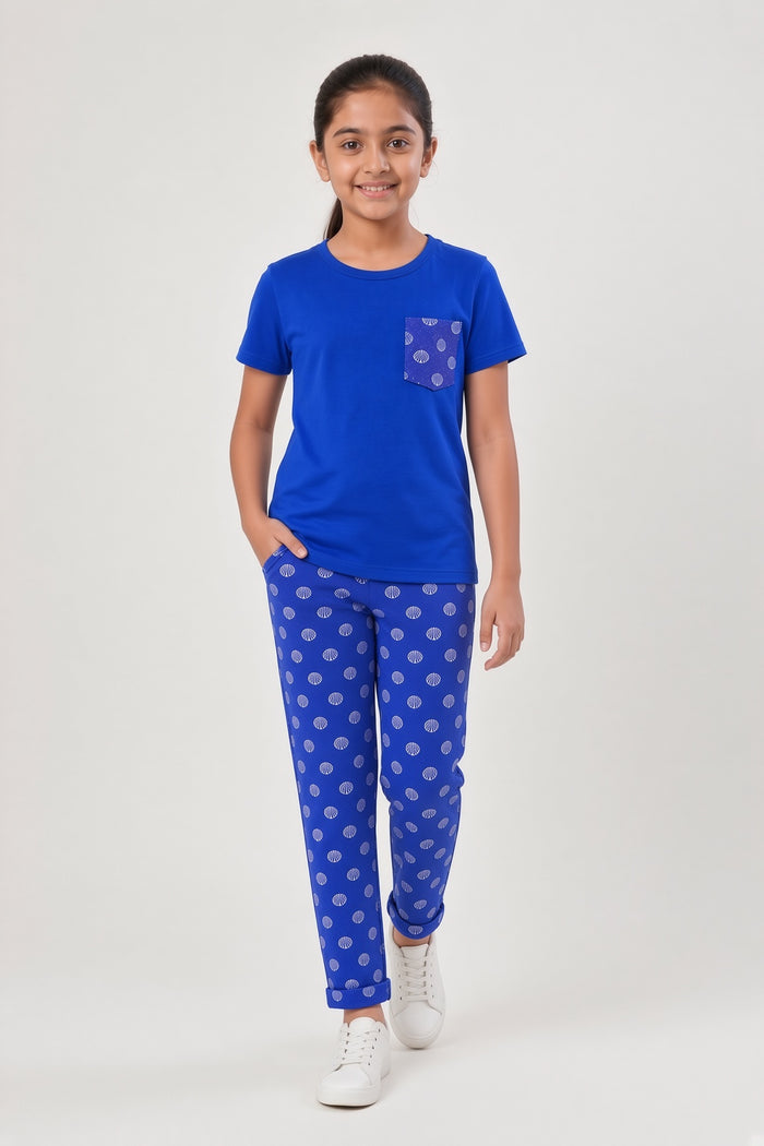 Girls Blue Printed T-Shirt & Blue Printed Trouser Set (White Snow )