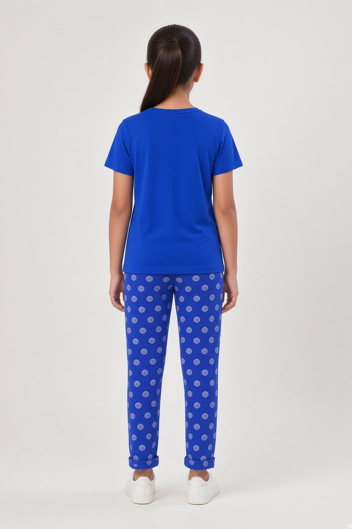 Girls Blue Printed T-Shirt & Blue Printed Trouser Set (White Snow ) - Hinz Clothing