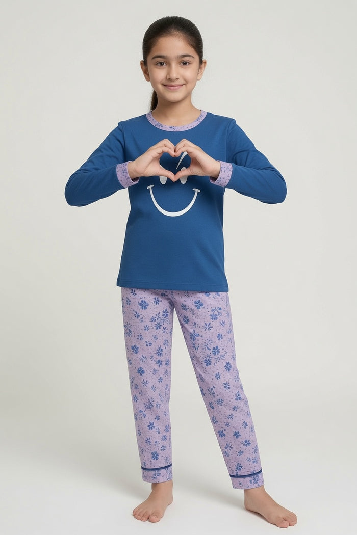 Girls Blue Smiley Printed T-Shirt & Lavender Floral Printed Trouser Set