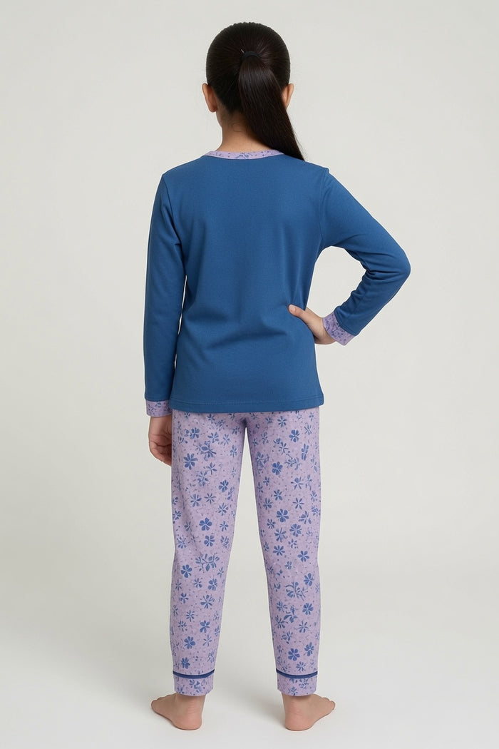Girls Blue Smiley Printed T-Shirt & Lavender Floral Printed Trouser Set
