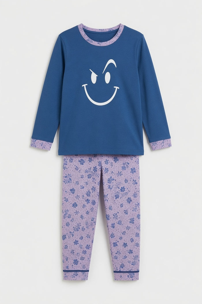 Girls Blue Smiley Printed T-Shirt & Lavender Floral Printed Trouser Set