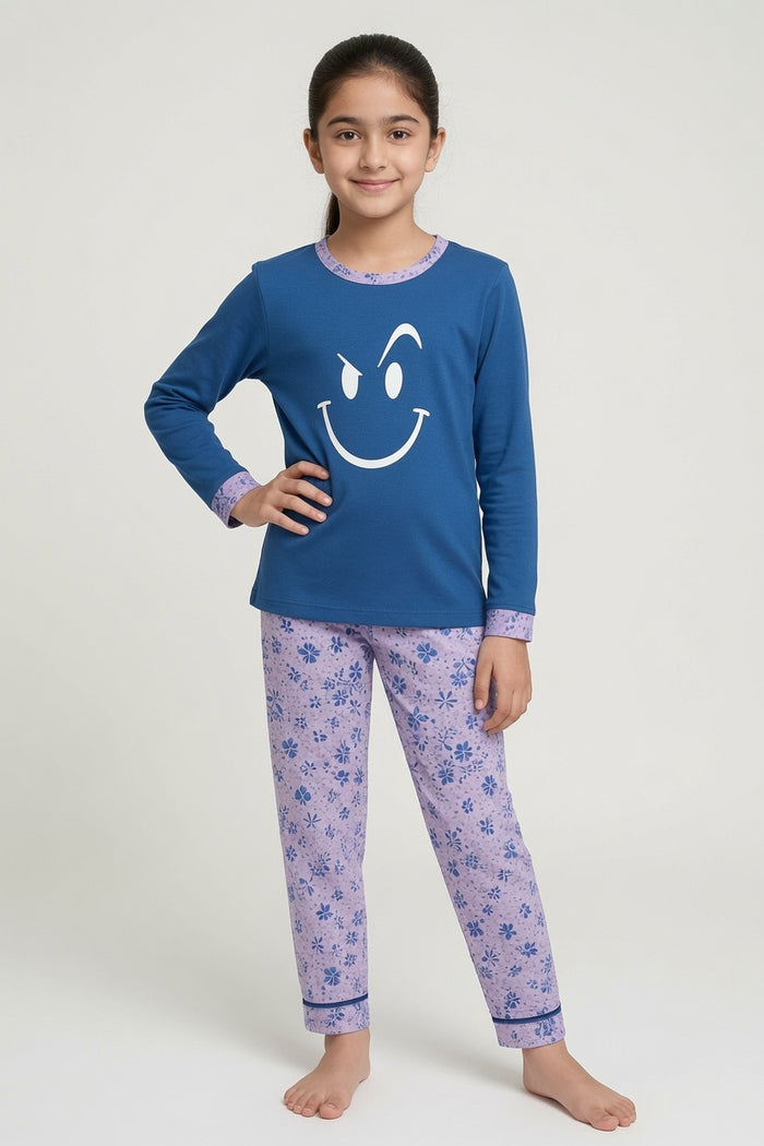 Girls Blue Smiley Printed T-Shirt & Lavender Floral Printed Trouser Set