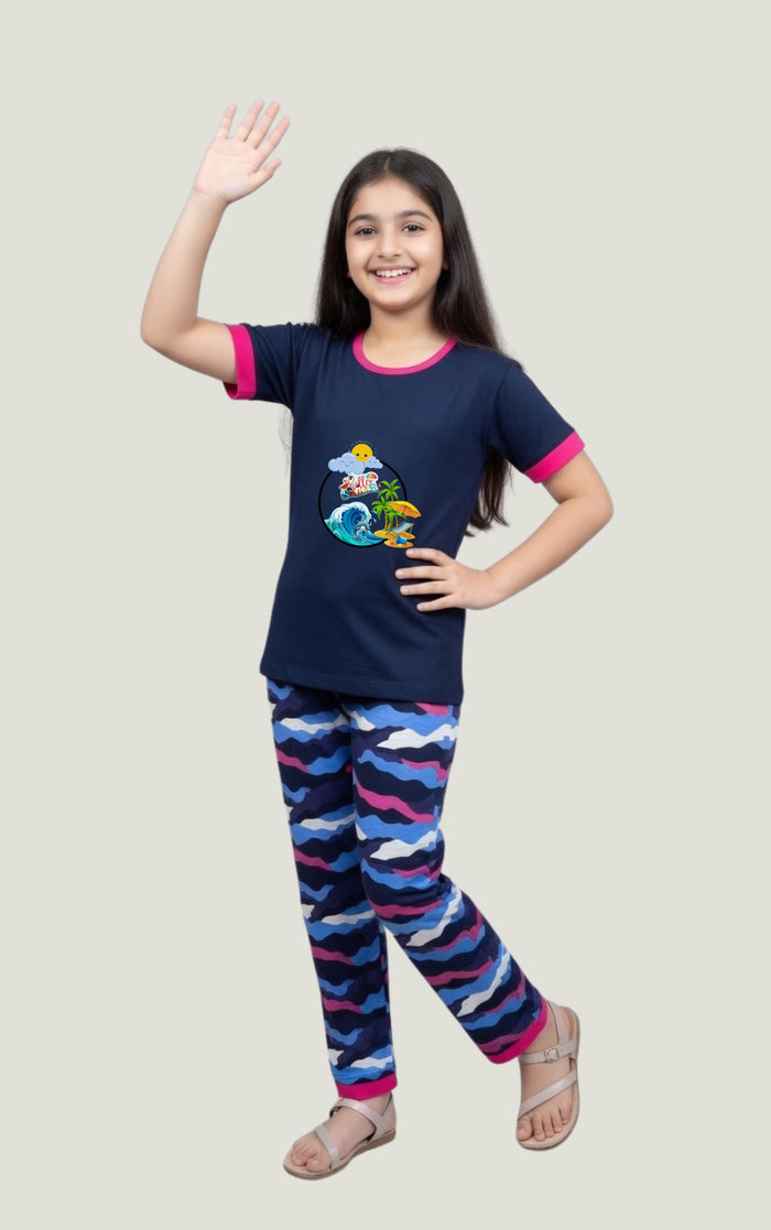 Girls Cute Graphic T-Shirt & Printed Trouser Lounge Wear