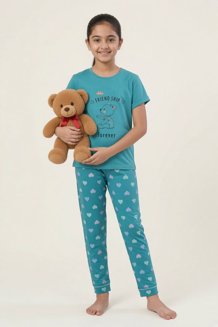 Girls Friendship Forever Bear Printed T-Shirt & Heart Printed Trouser Set