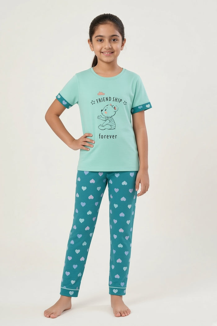 Girls Friendship Forever Bear Printed T-Shirt & Heart Printed Trouser Set