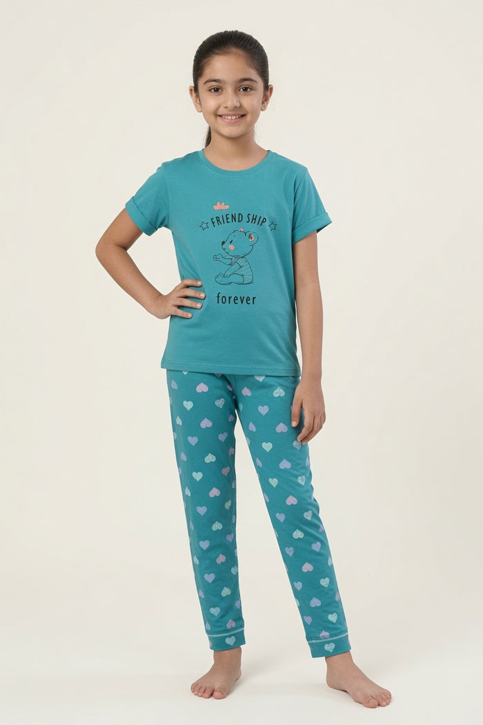 Girls Friendship Forever Bear Printed T-Shirt & Heart Printed Trouser Set