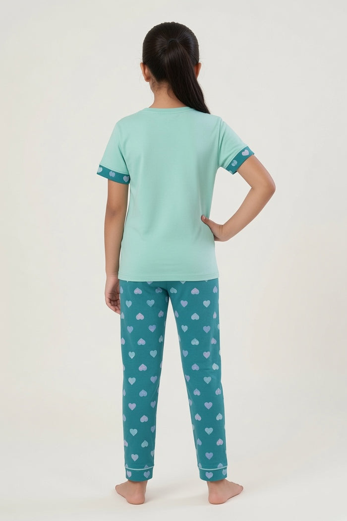 Girls Friendship Forever Bear Printed T-Shirt & Heart Printed Trouser Set