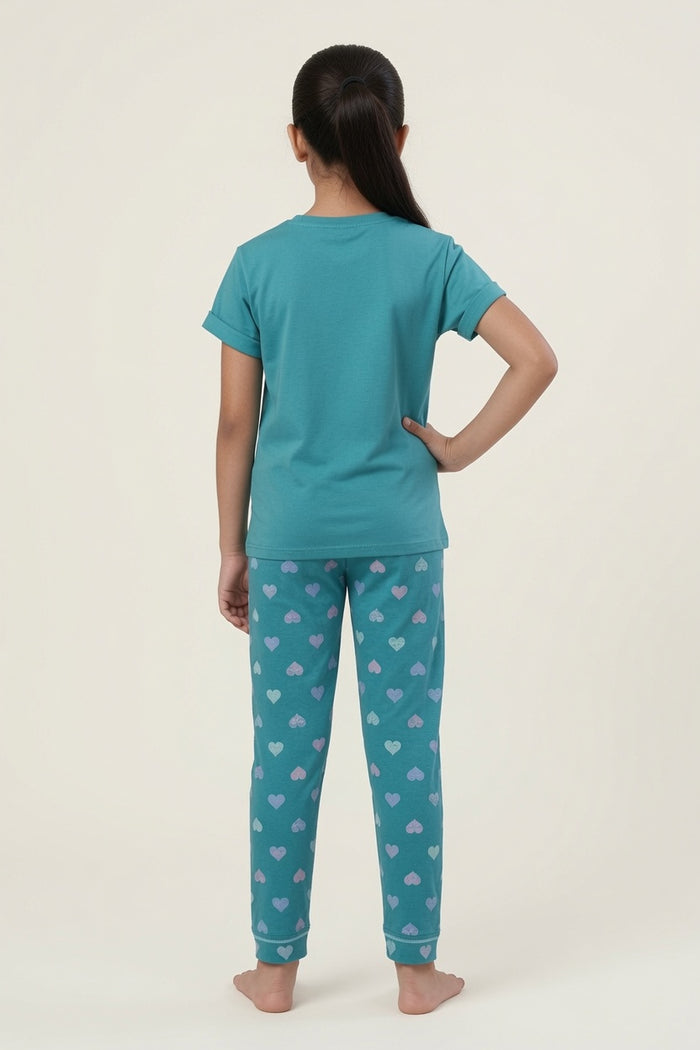 Girls Friendship Forever Bear Printed T-Shirt & Heart Printed Trouser Set